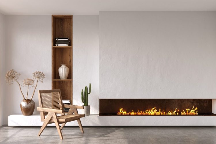 Minimalist living room interior with modern fireplace and white